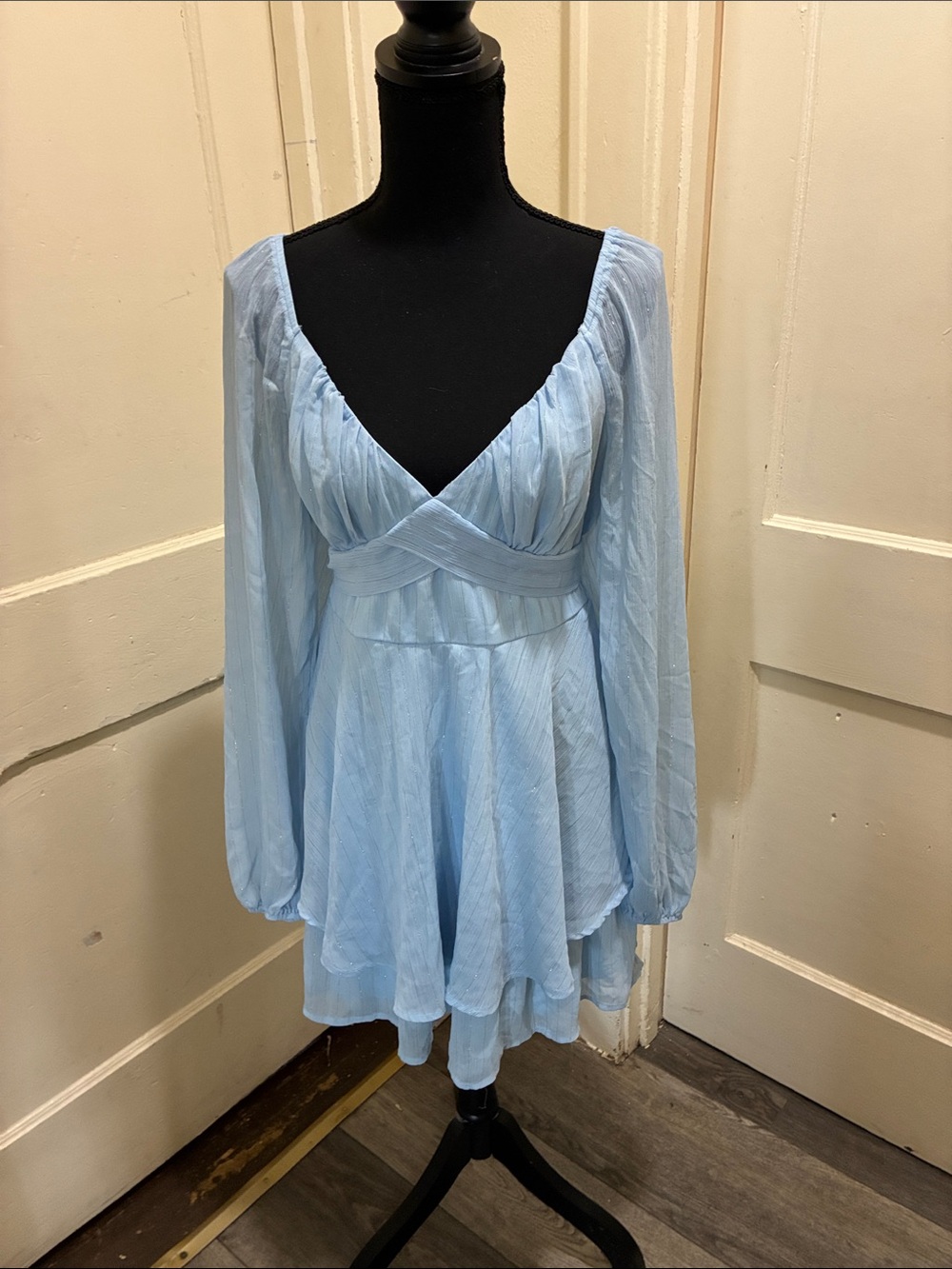 Crystal Doll Pale Blue Sheer Long Sleeve V-Neck Tunic